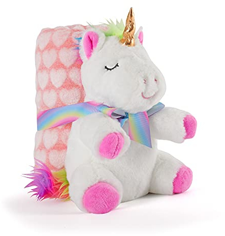 PERLETTI Coperta Neonato con Peluche Unicorno Morbida e Calda - Mussola Bimbo Bimba 0 1 2 3 Anni con Pupazzo - Plaid Invernale Bambini Bambine Bianco Rosa con Fiocco - 120x80 cm (Unicorno Bianco)