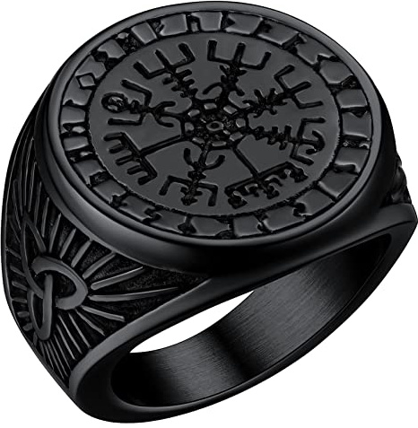 FaithHeart Vikingaringar för män, nordiska runor, kompass, Tors hammare, valknut, signetring, rostfritt stål/guld/svart, tjocka ringar för män i storlek O–Z + 3 (med presentask), V 1/2, Rostfritt