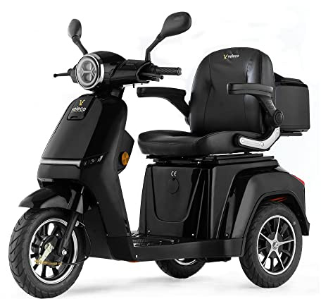 VELECO TURRIS - 3 Wheeled Mobility Vehicle Device - Fully Assembled and Ready to use - Full LED Lights - High Contrast Display - Alarm System (Black)