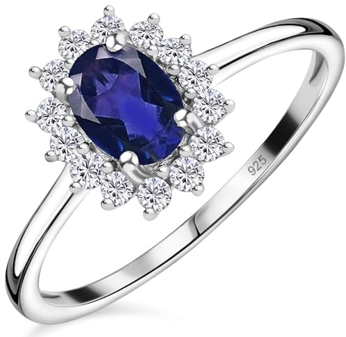TJC Oval Halo Birthstone Ring for Women, 925 Sterling Silver Platinum Plated Gemstone Engagement Ring, Sapphire Emerald Ruby Aquamarine Amethyst Vintage Royal Statement Ladies Jewellery Gift