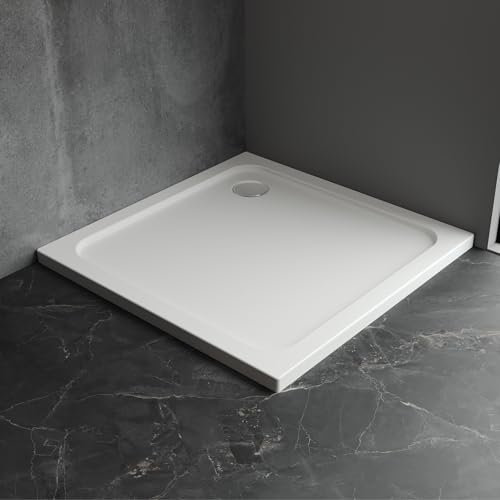 Duschwanne 80 x 80 cm Duschtasse Super Flach für Dusch Duschkabine in Weiß Quadratisch aus Sanitäracryl, Duschwanne Komplett inkl. Ablaufgarnitur