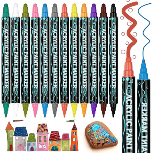 AUAUY Pennarello acrilico, Pennarello acrilico a doppia punta, pennello, 12 colori feltro vernice acrilica per ciottoli, pelle, tessuto, vetro, plastica, legno penne pittura