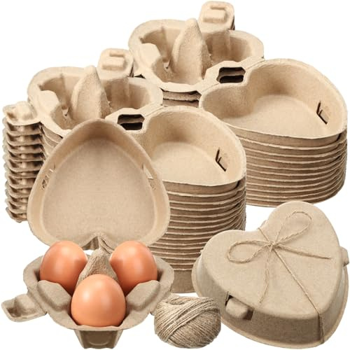 FoldTier 30 Pcs Easter Heart Shaped Eggs Cartons 3 Count Natural Paper Pulp Egg Cartons with Jute Rope Reusable Cardboard Storage Baskets Holder Tray for Kitchen Holiday Gifts Market Farm