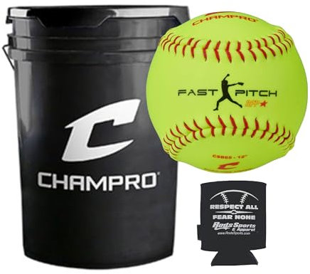 Champro CSB66 Durahide Cover 27,9 cm Übungs-Softbälle in einem schwarzen Eimer, 18 Bälle und eine Rutenhülse im Lieferumfang enthalten.