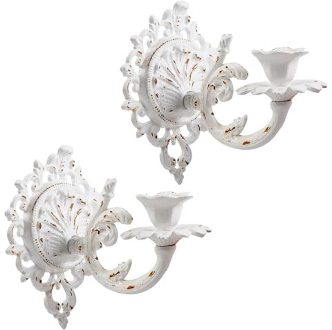 Polifish - Set di 2 portacandele da parete in ghisa, stile vintage, colore: bianco invecchiato, decorazione da parete per soggiorno, camino e cortile
