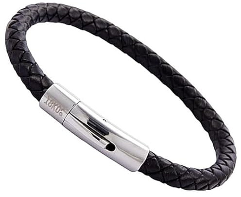 18KOra Pulsera hombre de cuero auténtico con cierre de acero inoxidable – diseño elegante y versátil (Negro 6mm, Mediano (19,3 cms))