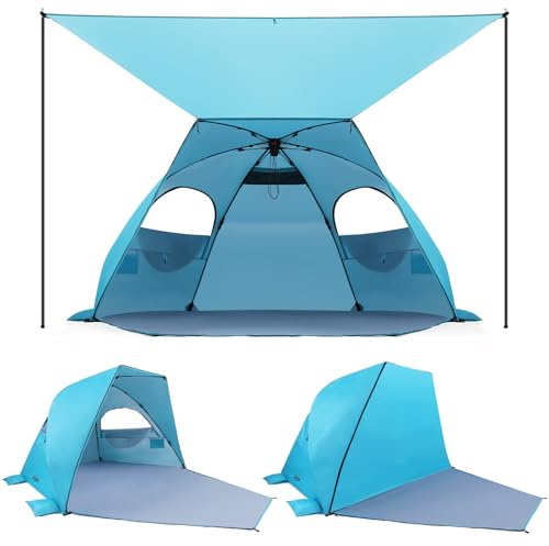 Elegear CumbreX™ Beach Tent with Canopy 4-6 Person, 1-Second Umbrella-Style Setup Pop Up Sun Shelter Shade, UPF 50+ UV Protection Four-Layer Silver-Coated Lightweight Portable Beach Cabana - Aqua Blue