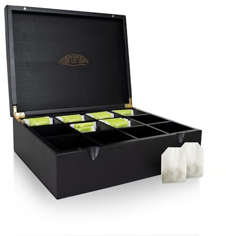 Nimma Teebox – 12 Fächer Holz-Teebox mit Magnetschloss – Für Pickwick, Lipton & Mehr – Schwarz – Extra Große Fächer für Teebeutel & Losen Tee