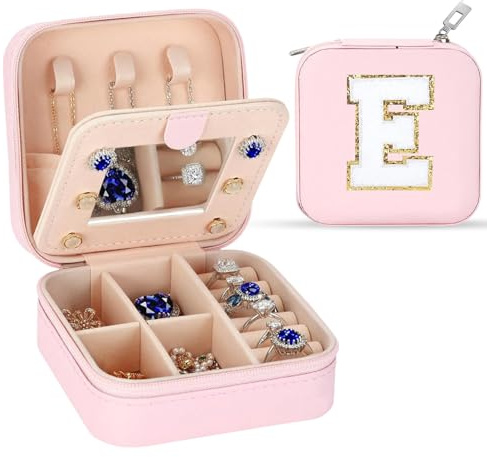 Tel Charme * Personalized Travel Jewelry Box with Mirror - Alphabet Jewellery Organiser, Bling Sparkly Rhinestone Design | Ideal Birthday, Valentine’s Day, Mother’s Day, Bridal Shower Gift (E)