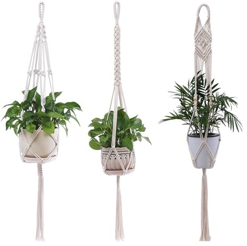 KLVGTIFS 3 Pezzi Vasi Sospesi per Piante, Cotone Appendini per Piante Macramè, Macramè Vasi Pensili per Interni ed Esterni, Balconi, Giardino, Decorazione da Parete, 105 cm, 4 Gambe
