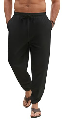Voqeen Pantalones Verano Hombre Pantalon Holgados De Algodón Pantalones Informales De Playa Ligeros Pantalon Elásticos En La Cintura Pantalones Anchos con Bolsillos