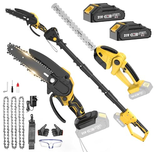 BOYUNSHI Cordless Pole Saw & Hedge Trimmer Set, 6 Inch Mini Chainsaw with 2 Batteries, 135° Adjustable Head, Long Reach Electric Garden Tools for Tree Trimming Wood Cutting, Gifts for Men Dad