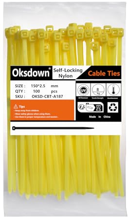 Oksdown 100 Pack Yellow Plastic Cable Ties 150mm×2.5mm Small Nylon Premium Self Locking 6 inch/15 cm Long Zip Tie Wraps