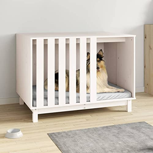 Runheo Niche pour chien blanche en bois de pin massif 100 x 70 x 72 cm, niche pour chien pour intérieur et extérieur, panier pour chien avec cadre en bois robuste, lieu de retraite, lieu de sommeil