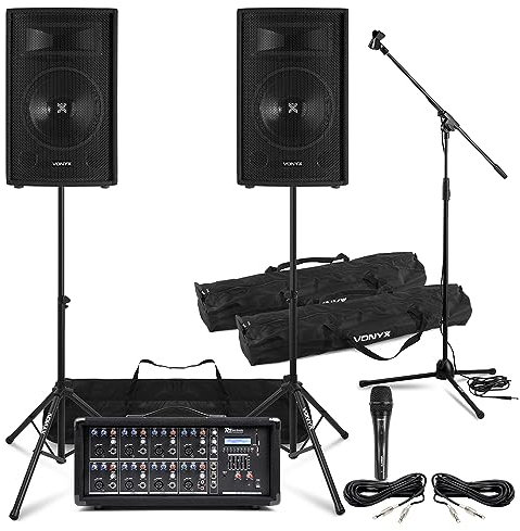 Complete Band PA System - Vonyx SL10 Passive Speakers, Power Dynamics 8-Channel Mixer Amp with Bluetooth, Microphone Kit, Speaker Stands & Audio Cables
