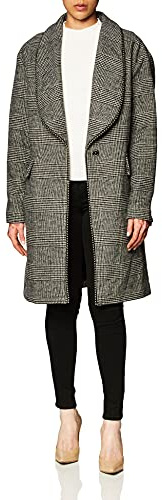 GUESS Abrigo de lana a cuadros para mujer con ribete de perlas y detalles de piel sintética - negro - XL