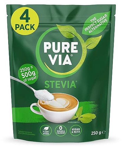 Pure Via Stevia Sugar Alternative - Gluten Free and Zero Calorie Natural Sweetener - 250g X 4, Equivalent to 1kg