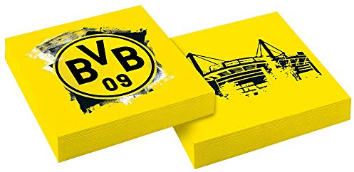 Amscan 9908528 - Servietten BVB, 20 Stück, Größe 33 x 33 cm, Borussia Dortmund, Mundtuch, Einweggeschirr, Fußball, Party, Fan, Geburtstag, Schwarz-gelb