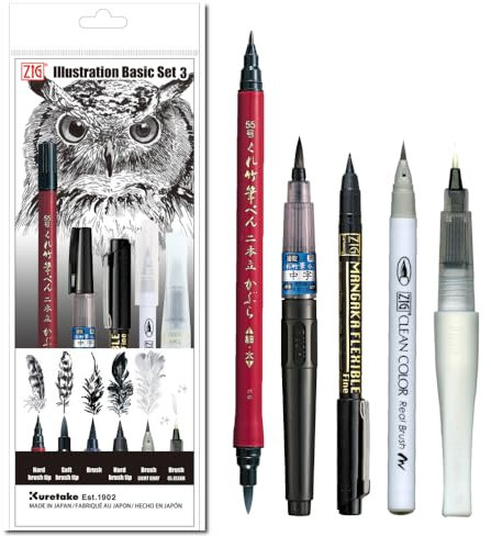 Kuretake ZIG Inktober Spezial-Set, ILLUSTRATION BASIC SET 3 für Manga-Zeichnung, Schriftzug und Kalligraphie, professionelle Künstlerqualität, hergestellt in Japan (5 pcs)