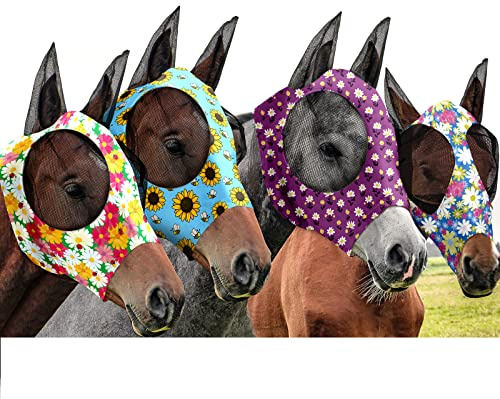 Frienda 4 Pieces Horse Fly Masks with Ears Face Covering UV Protection from Insect Pests Elasticity Smooth Comfortable Mesh Horse Mask Accessories(Flower,Medium)