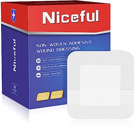 Niceful 50 Count Adhesive Gauze Island Dressing 4 x 4, Water-Resistant Wound Dressing Bandages, Sterile & Absorbent Medical Grade Adhesive Pads, First Aid Pads FSA Eligible