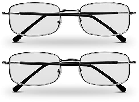 RE-GEN 2pc Twin Pack Classic Style Metal Frame Rectangular Adult Reading Glasses Mens/Womens - Black Sleeve Silver Frame (Silver, 2, diopters)