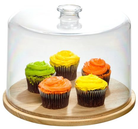 iDesign Recycled Plastic Cake Dome, The Rosanna Pansino Collection – 10.75” L x 10.75” W x 8” H, Clear Dome Lid with Natural Wood Base