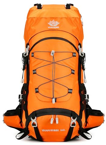 YFREAL 60L Travel Hiking Camping Backpack with Rain Cover, Water Resistant, Climbing Backpack for Men Women (ORANGE)