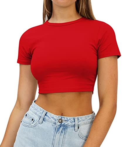 AirMood Womens Crop Summer Tee Tops Short Sleeve Casual Cropped Tshirt (Red,S)