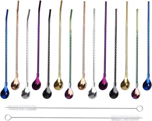 14PCS 2 in1 Cucchiaio di Paglia, BetterJonny Cannucce Riutilizzabili In Acciaio Inossidabile Cannucce in Metallo con Spazzola per la Pulizia per Cocktail Latte Freddo Frullati Caffè Freddo, B