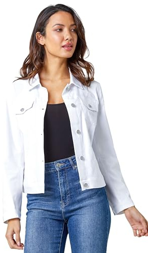 Roman Originals Stretch Jacket for Women UK - Ladies Denim Jean Summer Coat Bengaline Casual Smart Utility Trucker Biker Fitted Classic Work Spring Soft Vintage
