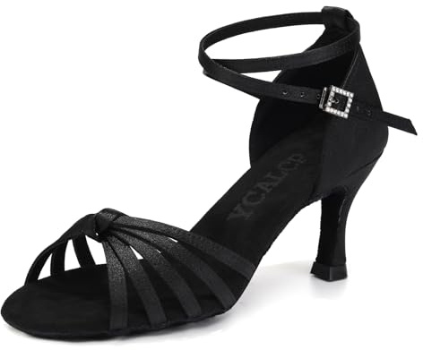 YCALCP Chaussures de Danse Latine Femmes Bout Ouvert Satin Bachata Tango Salsa Pratique Professionnelle 7cm,EM217-noir-7cm,38.5 EU