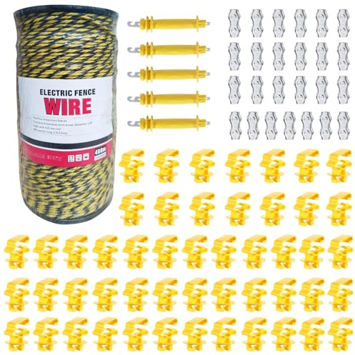 Electric Fence Wire Kit - 1312 Feet 400 Meters Electric Fence Polywire, 50 PCS T-Post Insulators, 25 PCS M4 Heavy Duty Poly Rope Connectors, 5 PCS Robber Electric Fence Gate Handle Insulators