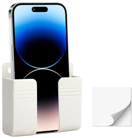 Wall Mount Phone Holder Self Adhesive Phone Stand Charging Holder with Charger Cable Receiving Hole for TV Remote Smartphones Cellphone Bracket Waterproof Shower Kitchen Bed Bedside Shelf White