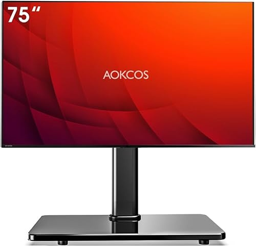 Swivel Universal TV Stand for 32-75 inch TVs with Tilt Down/Up, 8 Levels Height Adjustable Table Top TV Mount Stand with Stable Heavy Duty Tempered Glass Base, MAX VESA 600x400 mm, up to 99lbs, Black