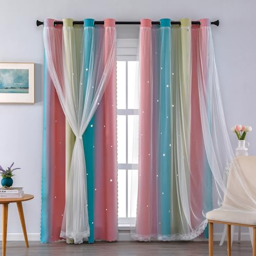 XiDi Yellow Rainbow Curtains 132cm Wide x 213cm Drop (52x84), Double Layer Star Cutout Voile for Sliding Door, Kids & Adult Bedroom Blackout Linings 2 Panels