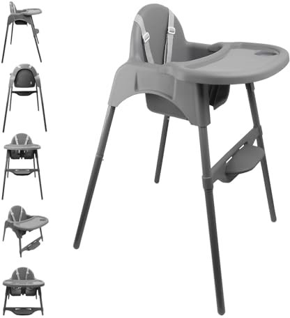 SAYOYO Hochstuhl Baby 2-in-1 Verstellbarer Kinderhochstuhl, Baby Essen Stuhl, Kinderstuhl mit 5-Punkt-Gurt, Leicht 3,5 kg, für Kinder von 6-36 Monate (max. 15 kg), Grau