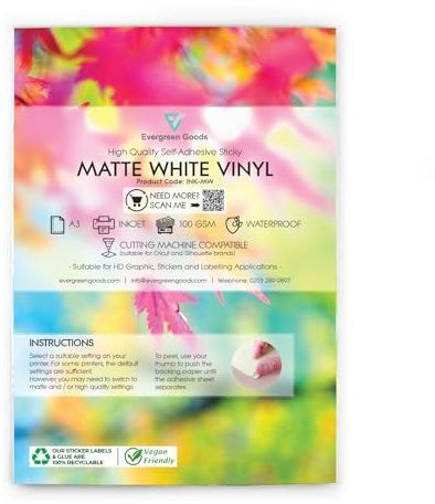 Evergreen Goods A3 50 Sheets (420 x 297 mm) Vinyl Matte White Printable Sticker Paper, Inkjet & Laser Printer Compatible, Waterproof, Self-Adhesive Sheets for Stickers & Labels (50 Sheets)