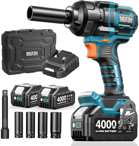 Seesii Impact Wrench 886 Ft-lbs(1200N.m), 1/2 High Torque Impact Gun with 21V 2x4.0Ah Battery, Electric Impact Driver, 2900IPM, 5 Socket, Cordless Impact Wrench for Home Car/Mower/Pickup/Truck RV