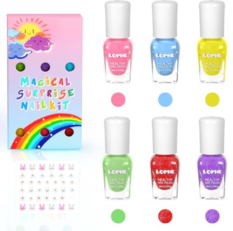 LOPHE Pintauñas Niñas, 6 Pcs Pintauñas Semipermanentes con Pegatinas, Esmalte Uñas para Niño Brillantes y Opacos para Niñas y Niños de 3 Años en Adelante, Perfecto para Fiestas, 4ML