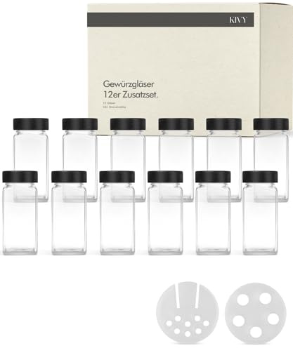 KIVY Lot de 12 bocaux à épices supplémentaires avec insert à saupoudrer, couvercle noir