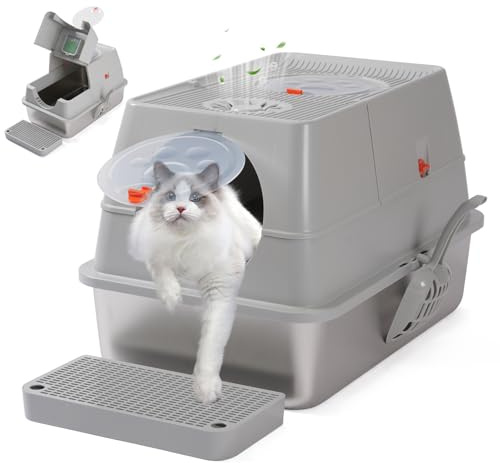 Arenero para gatos de acero inoxidable - Cubierto, adecuado para gatos pequeños, medianos y grandes, fácil de limpiar, control de olores, superficie antiadherente, extraíble, tapa abatible de 180°