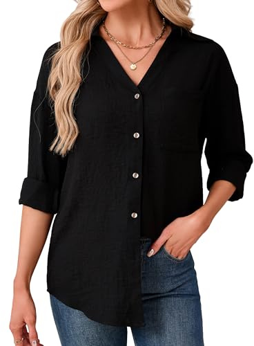 Enmain Chemiser Coton et Lin Femme Col en V Été Chemise Femme Manches Longues Respirante Légère Blouse Chic et Élégant Décontracté Haut à Boutons pour Bureau Plage Vacances Grande Taille S-3XL