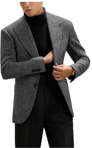 Stillluxury Chaqueta tipo blazer de tweed de espiga para hombre, con solapa de pico de un solo botonadura, abrigo deportivo casual para negocios, boda, gris oscuro, L