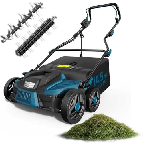 Grelawner 15.5 Amp 16-Inch Electric Dethatcher and Scarifier, Lawn Dethatcher with Foldable Design, 14.5-Gallon Bag, 5-Position Depth Adjustment, Quick Blade Change, Ideal for Healthy Lawn Care - Blue