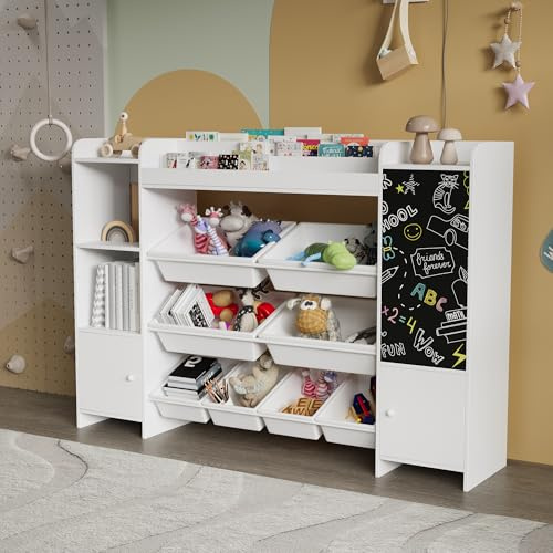 Bokhylla barn, barnhylla med tavla, 8 lådor, 2 förvaringsfack och skåp, hylla barnrum, leksakshylla förvaring möbler för barnrum, lekrum, förskolor (vit, 137 × 30 × 94,5 cm)