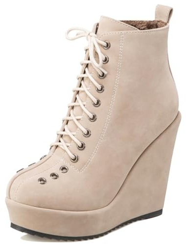 Gicoiz Talons Hauts Plateforme Compensées Bottes Femme Lacets Bout Rond Hiver Warm Ankle Bottines Strappy Fête Genoux Military Beige Taille 40 EU-41Cn