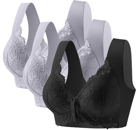 Uwdiohq 3 Pack Bras for Women Front Closure No Underwire Cotton Plus Size Full Coverage Comfortable Lace Bra Sports with Cups (Aq, XXL) Comfy Shape Chic White Push Up Cleavage Ladies Non Wired