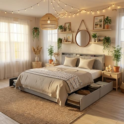 AufuN Cama tapizada de 160 x 200 cm, cama doble de lino con espacio de almacenamiento y 4 cajones, cama funcional con somier, para adultos y adolescentes, sin colchón, color gris