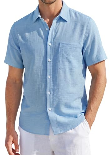 HISDERN Chemise en Lin Homme à Manches Courtes Boutonnée Chemisette Coton Coupe Droite Chemise d'été de Plage avec Poche